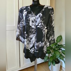 Asymmetrical Tiered V Neck Chiffon Blouse With Bell Sleeves & Two Front Panels